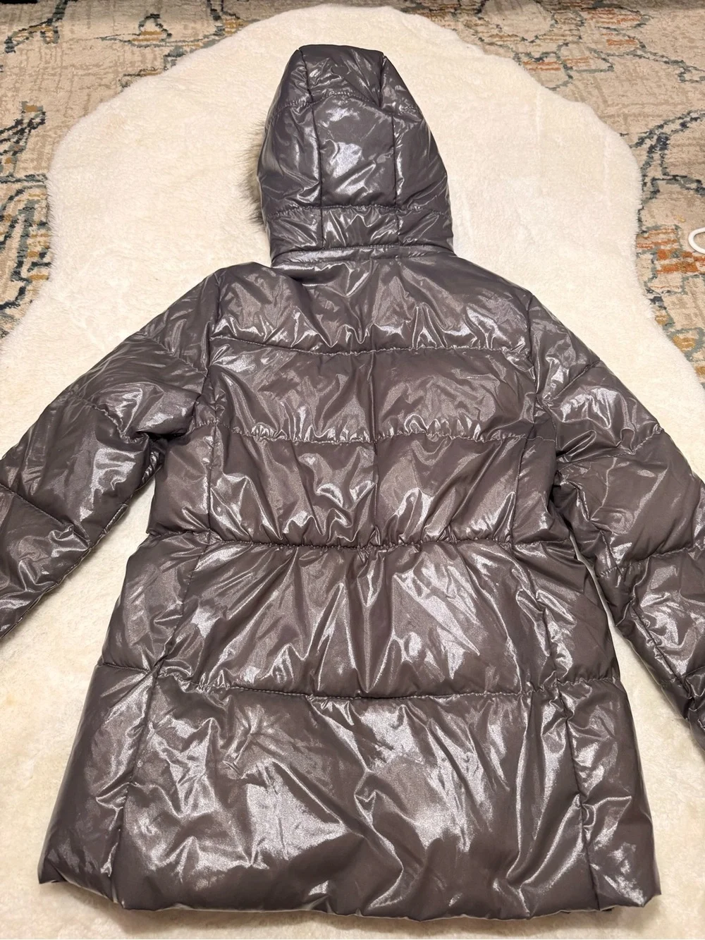 Zara Girls Gray Puffer Stitched Faux Fur Trim Hooded full zip Jacket size 13/14